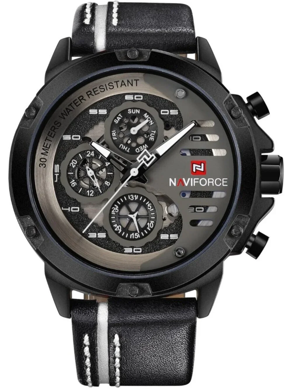 Men's All Black Analog Quartz Leather Band Waterproof Sport Military Wrist Watch